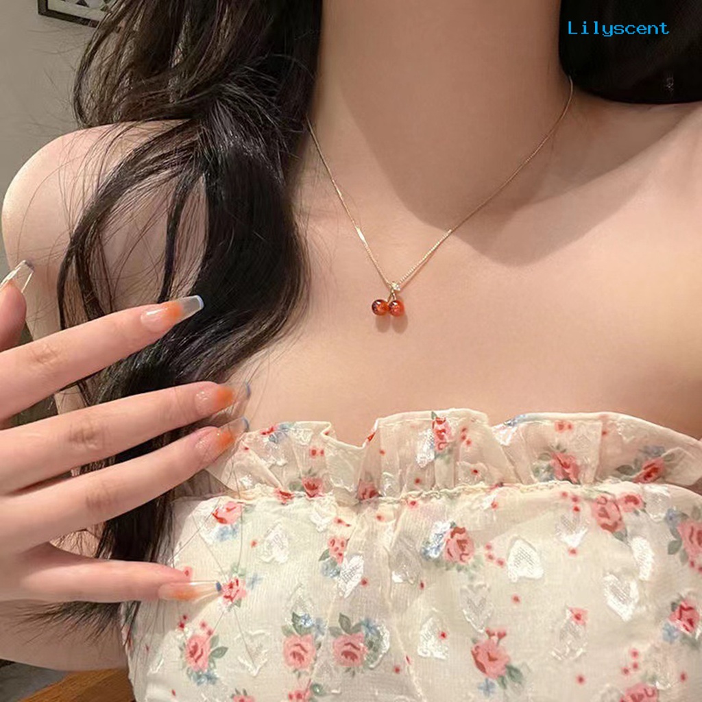 [LS]Wanita Kalung Elegan Emas Slim Rantai Dainty Ringan Hadiah Hypoallergenic Ceri Merah Liontin Kalung Fashion Perhiasan