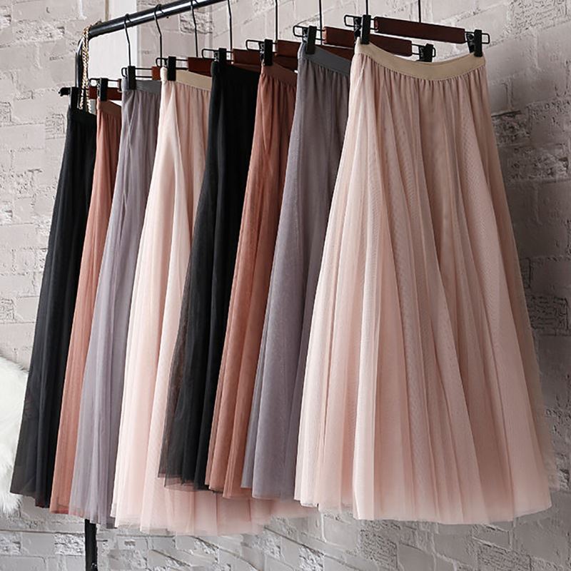 A-line mesh skirt, mid length skirt, high waist, slim and elegant dance long skirt