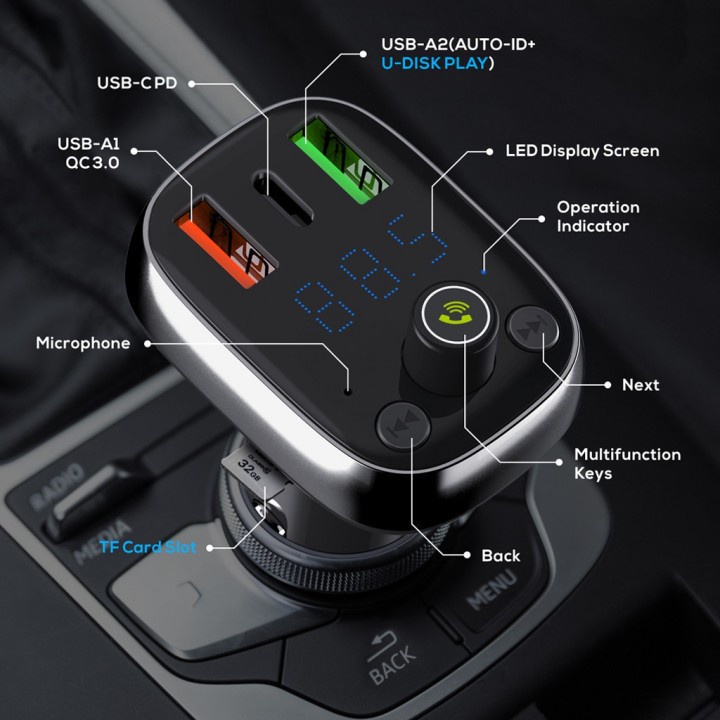 LDNIO CQ704 Bluetooth FM Transmitter Charger USB-C PD QC 4.0 Auto-ID