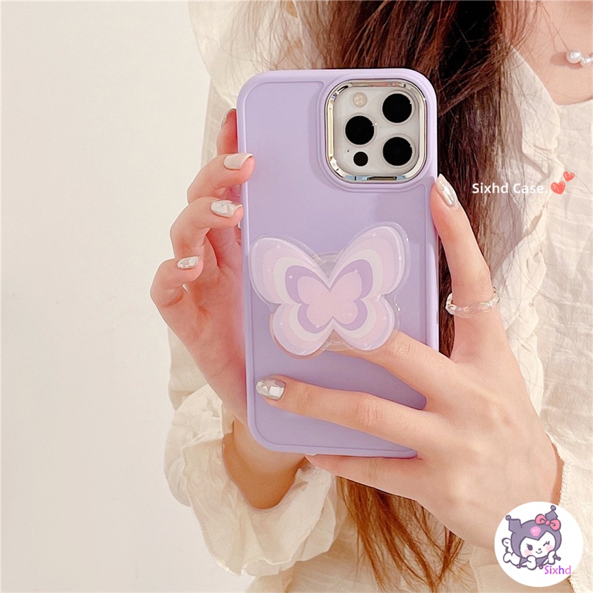 IPHONE Kompatibel Untuk Iphone11 14 13 12 Pro Max8 7Plus X Xs Xr Xs Max SE2020 Electroplated Lens Frame Protection Simple Purple Butterfly Fashion Phone Case+Braket Lembut Anti Jatuh Cover