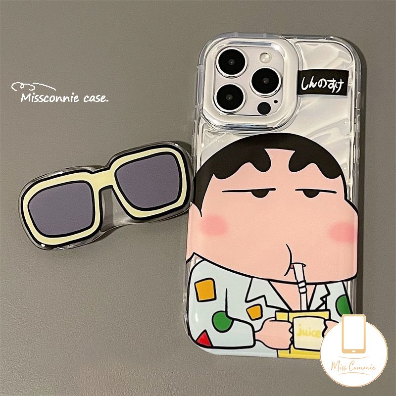 IPHONE Keren Memakai Sunglasse Crayon Shin-chan Kartu Laser Casing Bening Kompatibel Untuk Iphone11Xr12 13 14 Pro Max7 8 Plus 6 6S 7 8 Plus X XS MAX SE 2020lembut 3D Bergelombang Melengkung Sarung Mewah