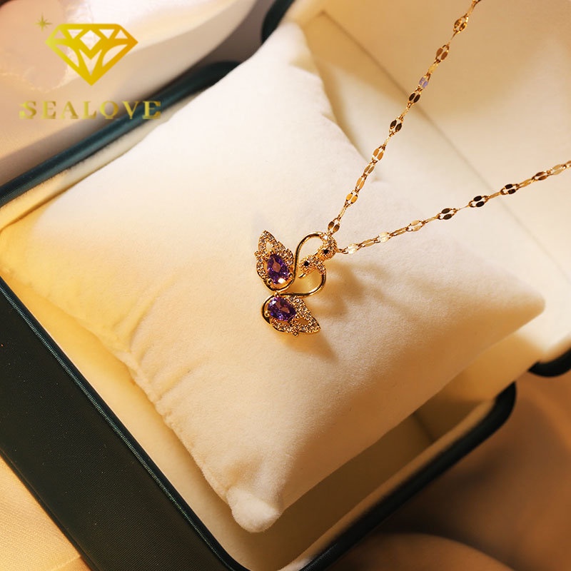 Kalung Titanium Swan Angsa Kristal Ungu Berlian Emas 18K Anti Karat Mewah Elegan Korea Aksesoris Wanita Perhiasan