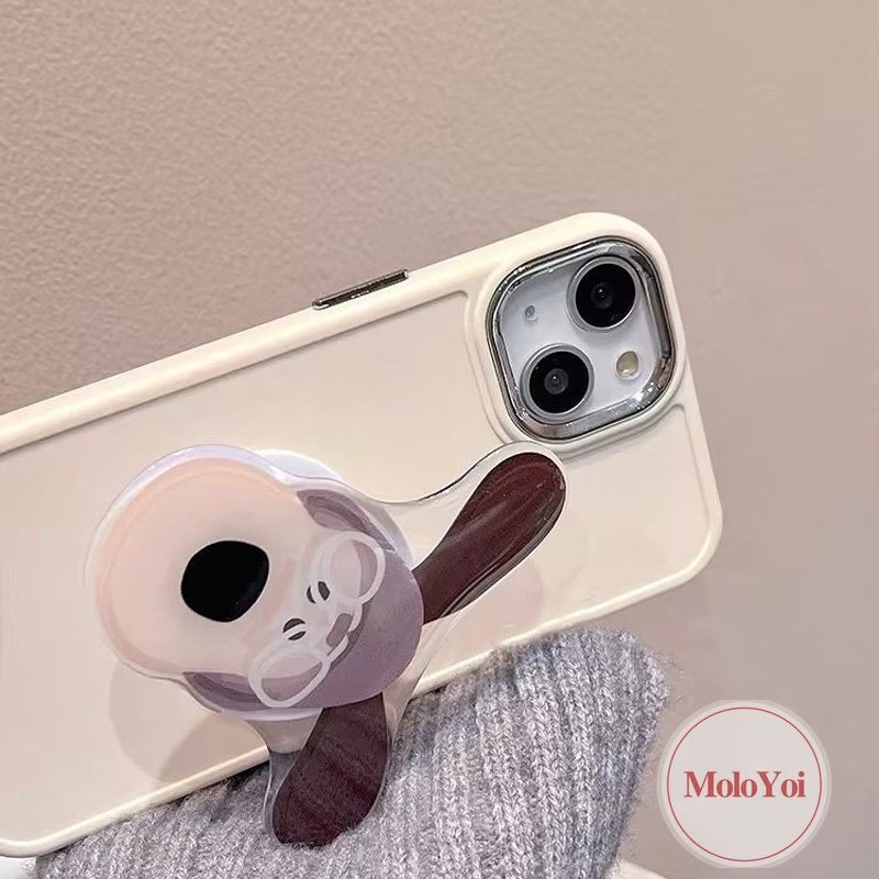 Warna Solid Casing Bingkai Lensa Logam Plating Sederhana Kompatibel Untuk IPhone XR XS X Max11 14 13 12 Pro Max8 7 Plus Kartun Puppy Bear Fries Pisang Aksesoris Bracket Soft Cover