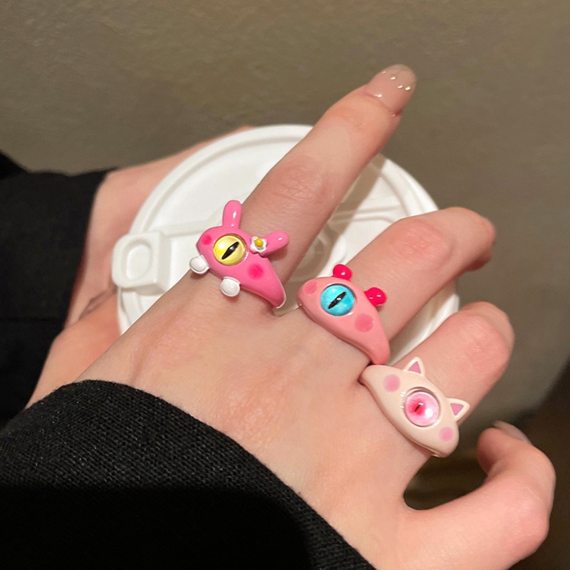 Baru Lucu Kartun Kucing Merah Muda Kelinci Evil Eye Opening Rings Wanita Gadis Harajuku Warna-Warni Monster Devil Eyes Jari Cincin Perhiasan