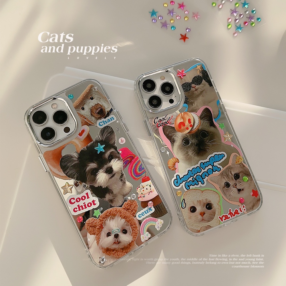 IPHONE Hewan Lucu Pasangan Kekasih Ponsel Case Puppy Dog Cat Electroplated Camera Frame Cover Dengan Manik-Manik Berlian Imitasi Stiker Untuk Iphone11 12 13 14 PRO MAX