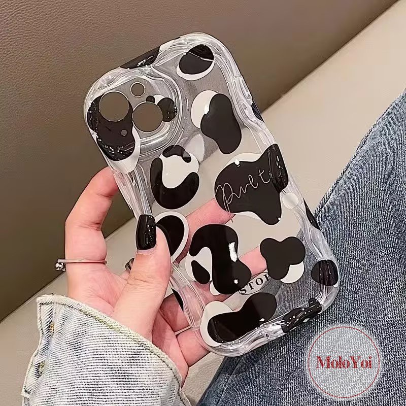 Case Motif Leopard Hitam Putih Simple Kompatibel Untuk IPhone 7Plus XR X XS Max11 12 13 14 Pro Max7 6 8 6s Plus SE 2020 3D Wavy Curved Edge Soft Cover