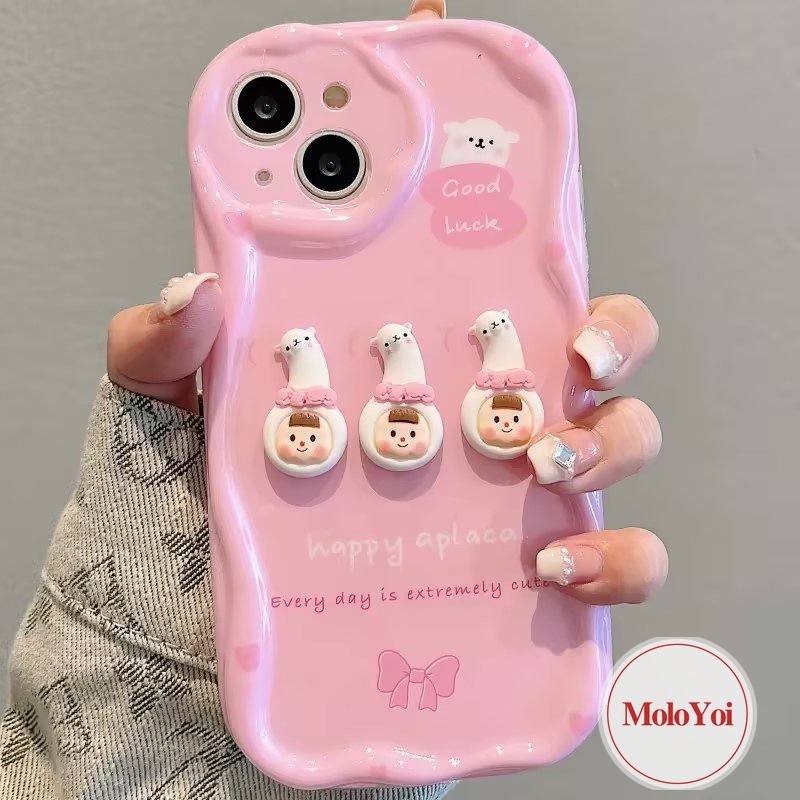 IPHONE Casing 3D Wavy Curved Edge Glossy Kompatibel Untuk Iphone11 12 14 13 Pro Max 7Plus XR XS X Max6 6s 7 8 Plus Se2020 Boneka 3D Pink Kartun Lucu Alpaka Cewek Soft Cover