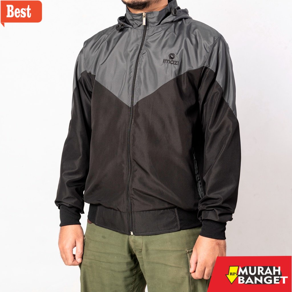Jaket parasut pria terbaru- Jaket Parasut Windrunner Olahraga Kombinasi Abu Tua Hitam Imazi