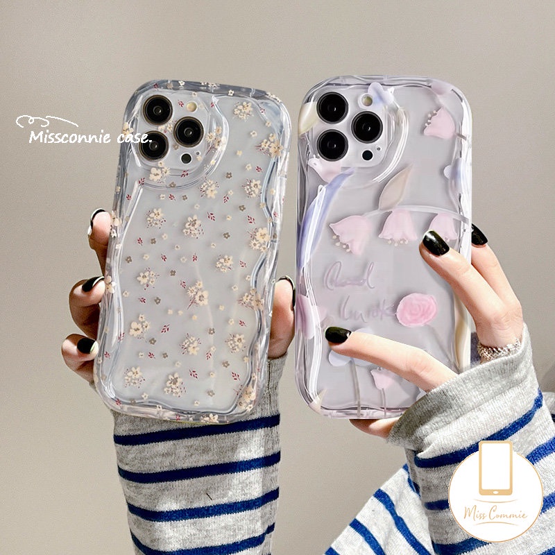 Casing Bunga Untuk Realme C15 C55 9i 5 7i 5i 6i 5s C33 C12 C53 C21Y C25Y C25s C25 C35 C31 C1 C3 C20 C20A C30 C17 C21 Transaprent Purple Fresh Flower 3D Wavy Curved Edge Flower Case