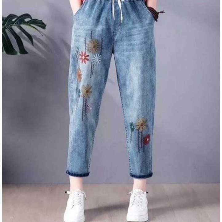CELANA JEANS MONICA BORDIR BUNGA BAGGY PANTS WWANITA REMAJA PINGGANG FULL KARET BOYFRIEND JINS JUMBO