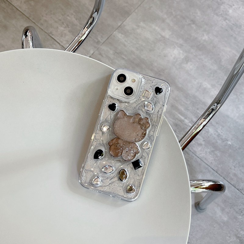 Silver Grey Pigment Hello Kitty Diamond Soft TPU Case HP iP iPhone 14 13 12 11 Pro X XS XR Max 7 8 + Plus SE 2020 2022 Drop Glue FTD Casing Apple