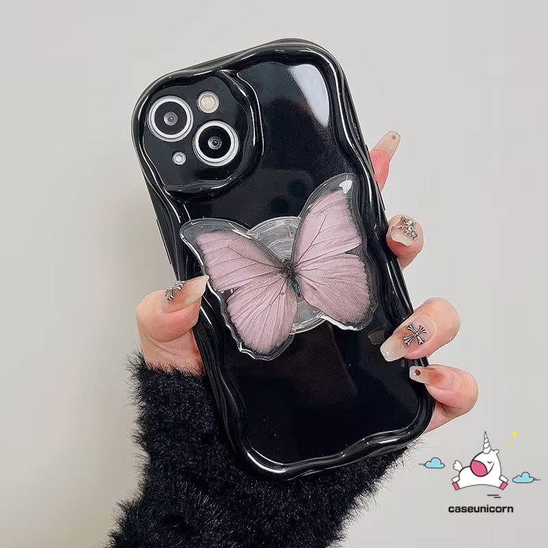 Casing Tepi Melengkung Bergelombang 3D Sederhana Kompatibel Untuk iPhone XR X11 13 7Plus 14 12 Pro Max8 7 6 6s Plus XS Max SE 2020 Fantasi Braket Kupu-Kupu Lipat Warna Solid Case Dengan Bracket