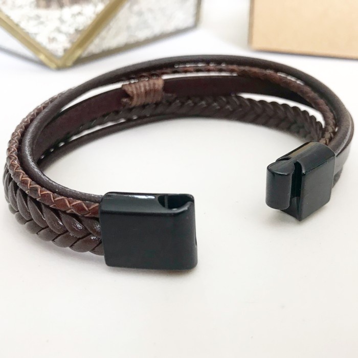 Gelang Pria  Mens Bracelet Kulit Coklat Besi Hitam