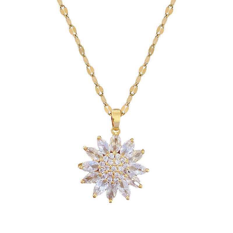 Xiaoboacc Baja Titanium Korea Fashion Zirkon Bunga Matahari Liontin Wanita Berlapis Emas Pesta Klavikula Rantai Kalung