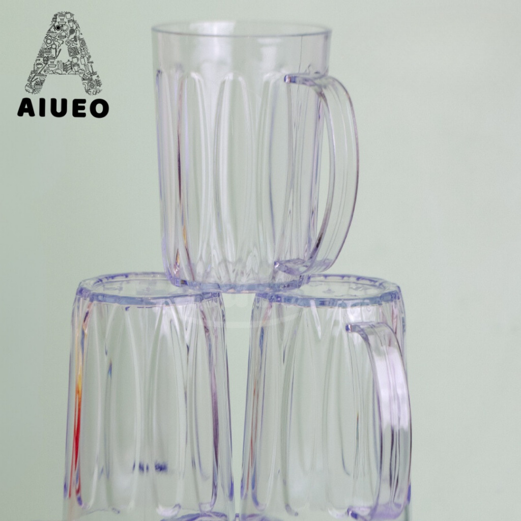 [Gratis Packaging Kardus] • 3 Lusin Gelas Gagang Plastik AIUEO  400ml - Gelas Bening Mika Warna Tahan Panas