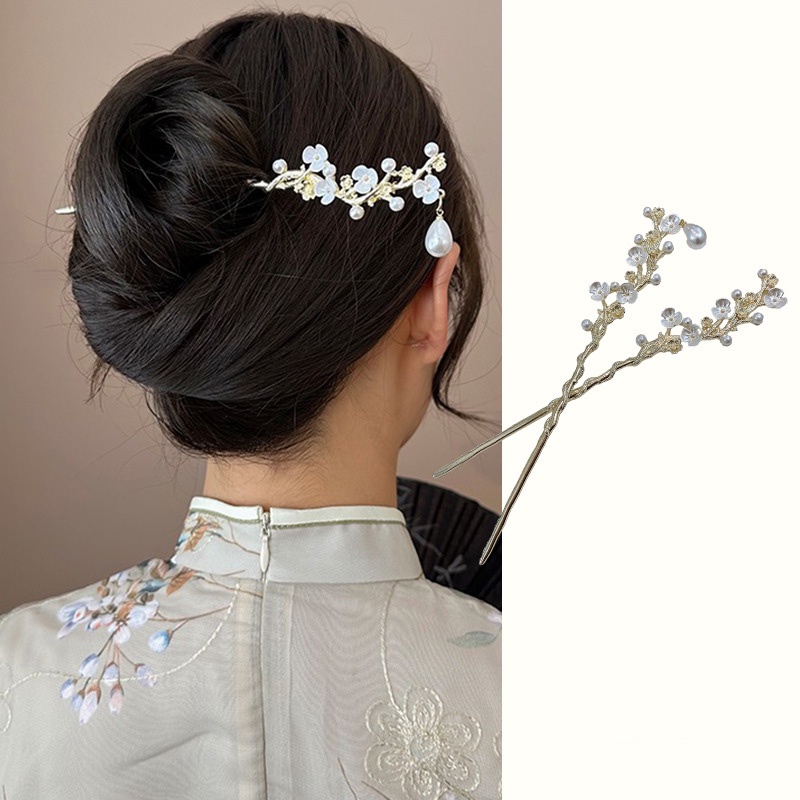 Jepit Rambut Plum Blossom Mutiara Antik Hanfu Langkah Goyang High-End Temperamen Retro Hairpin