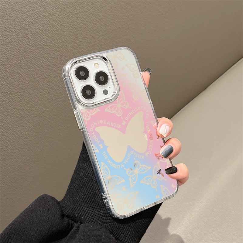 IPHONE Biru Pink Smudged Butterfly Mirror Phone Case Kompatibel Untuk Iphone11 12 13 14 12Pro 13Pro 14Pro Pro Max XR X XS Max Electroplating Tombol Perlindungan Mirror Cover