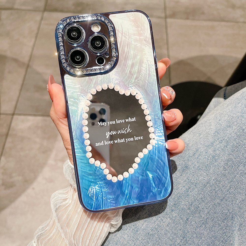 IPHONE Gadis Berlian Berkilau Perhiasan Make Up Cermin Ponsel Case Untuk Iphone13 14 Pro Max14 Plus Mewah Plating Dream Shell Bumper Cove