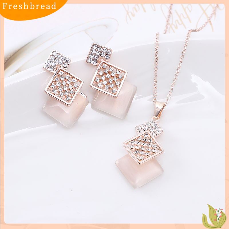 [FRA] Fashion Berongga Persegi Berlian Opal Set Anting Kalung Perhiasan