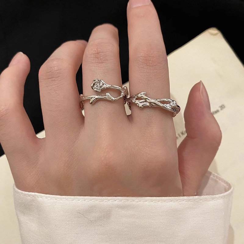 Roselife Unisex Trend Perak Cross Thistles Duri Rose Rings Untuk Wanita Pria Fashion Geometris Pasangan Cincin Set Pecinta Jari Perhiasan Hadiah