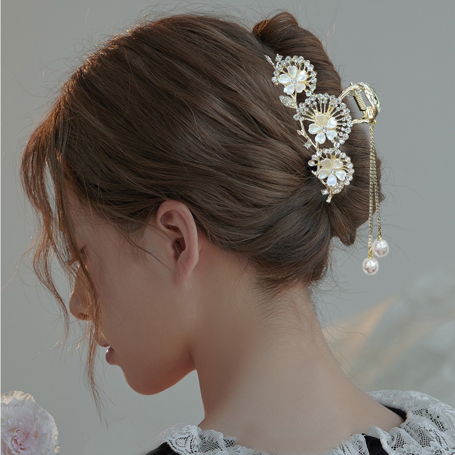 Korea Alloy Kristal Rumbai Bunga Rambut Klip Berlian Imitasi Mutiara Wanita Elegan Ponytail Clip Aksesoris Rambut