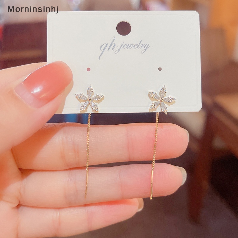 Mornin 1pasang Indah Fashion Zirkon Bersinar Bunga Anting Cahaya Panjang Rumbai Rantai Menjuntai Anting-Anting Bermutu Tinggi Desain Perasaan Ornamen Perhiasan id