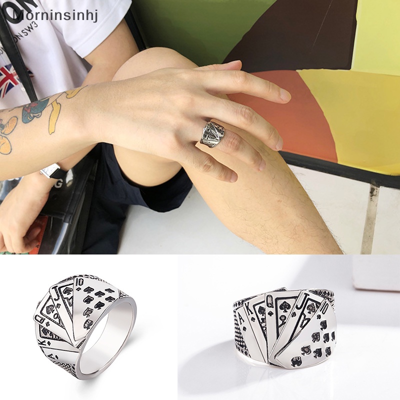 Mornin Punk Warna Perak Poker Signet Rings Gothic Lurus Flush Ring Perhiasan Hadiah id