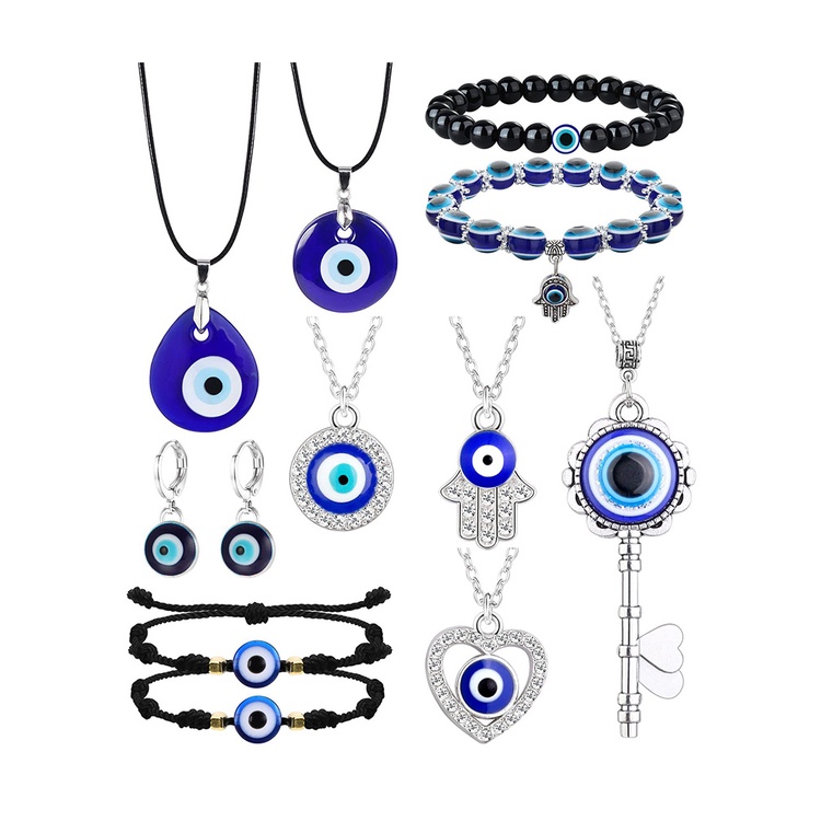 11pcs Evil Eye Kalung Liontin Untuk Wanita Pria Tali Kulit Anting Perlindungan Gelang Set Perhiasan