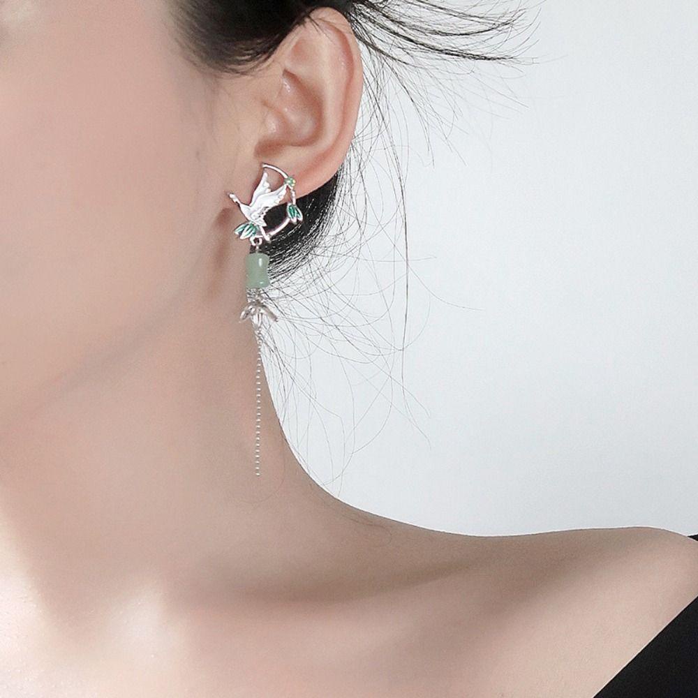 Mxbeauty Perhiasan Anting Rumbai Enamel Crane Alloy Fringe Earrings Untuk Wanita