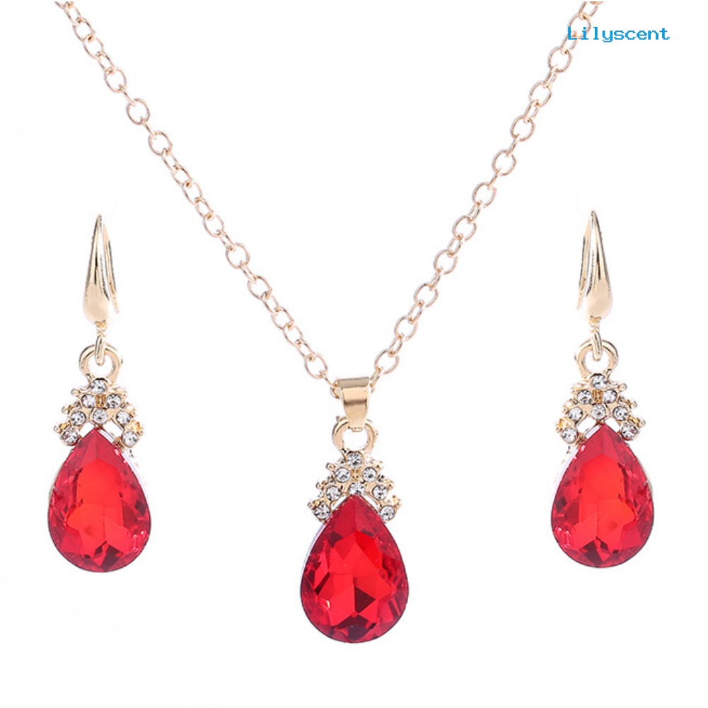 [LS]Vintage Teardrop Berlian Imitasi Wanita Set Perhiasan Kalung Kait Anting Liontin