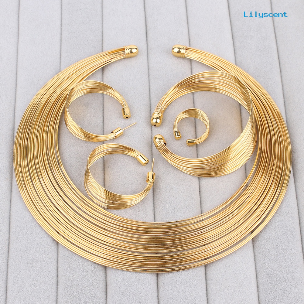 [LS]4Pcs /Set Exotic Nigeria Bridal Lingkaran Kalung Anting Gelang Cincin Perhiasan