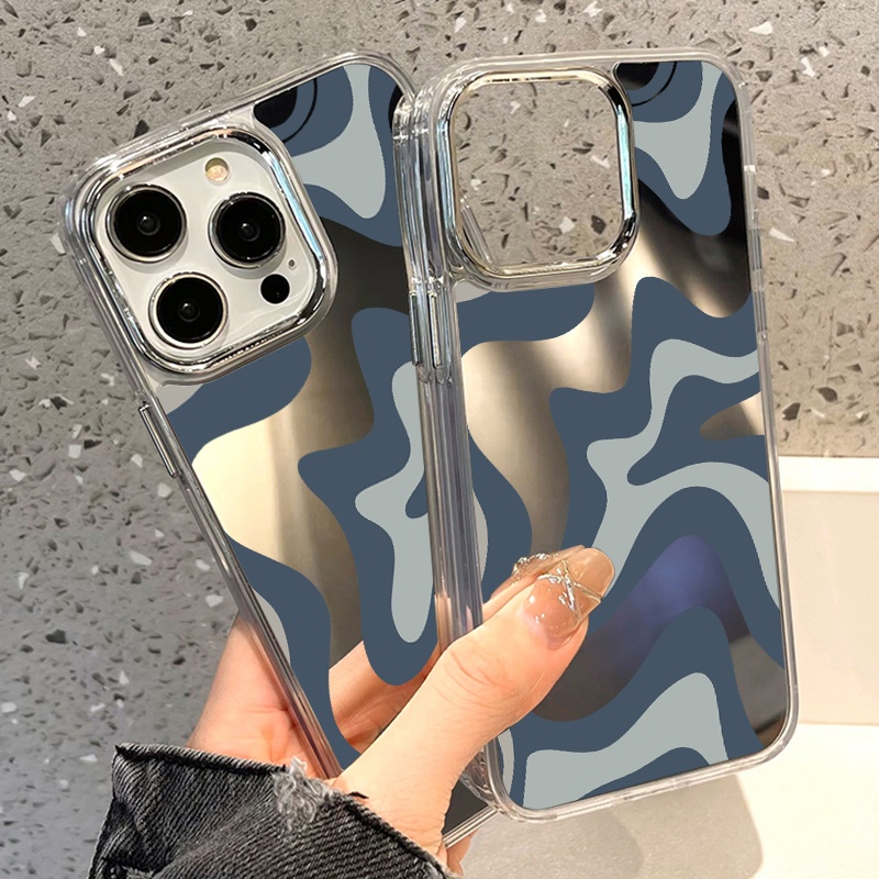 IPHONE Art Grey Blue Painting Mirror Phone Case Kompatibel Untuk Iphone11 12 13 14 12Pro 13Pro 14Pro Pro Max XR X XS Max Electroplating Tombol Perlindungan Mirror Cover