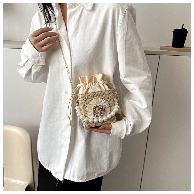 Tas Kotak Pearl/Tas Selempang Bucket Bahan Anyaman Bunga Matahari/Tas Pesta Wanita Bahan Anyaman BAO108