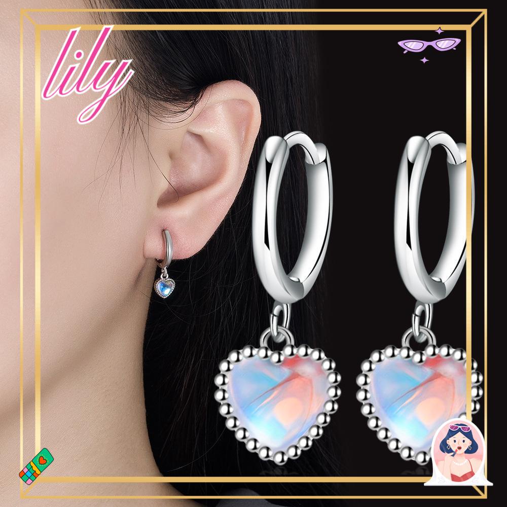 Lily 2Pcs Anting Moonstone, Hoop Anting Liontin Berbentuk Hati, Fashion Liontin Berbentuk Hati925 Sterling Silver Heart Ear Buckle Untuk Wanita