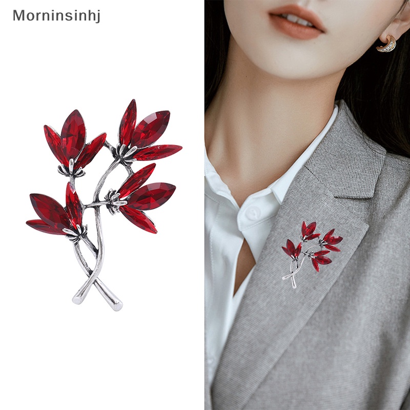 Mornin Biru/Red Sparlking Rhinestones Bros Pin Bunga Wanita Fashion Bros Daun Lencana Trendi Perhiasan Hadiah id