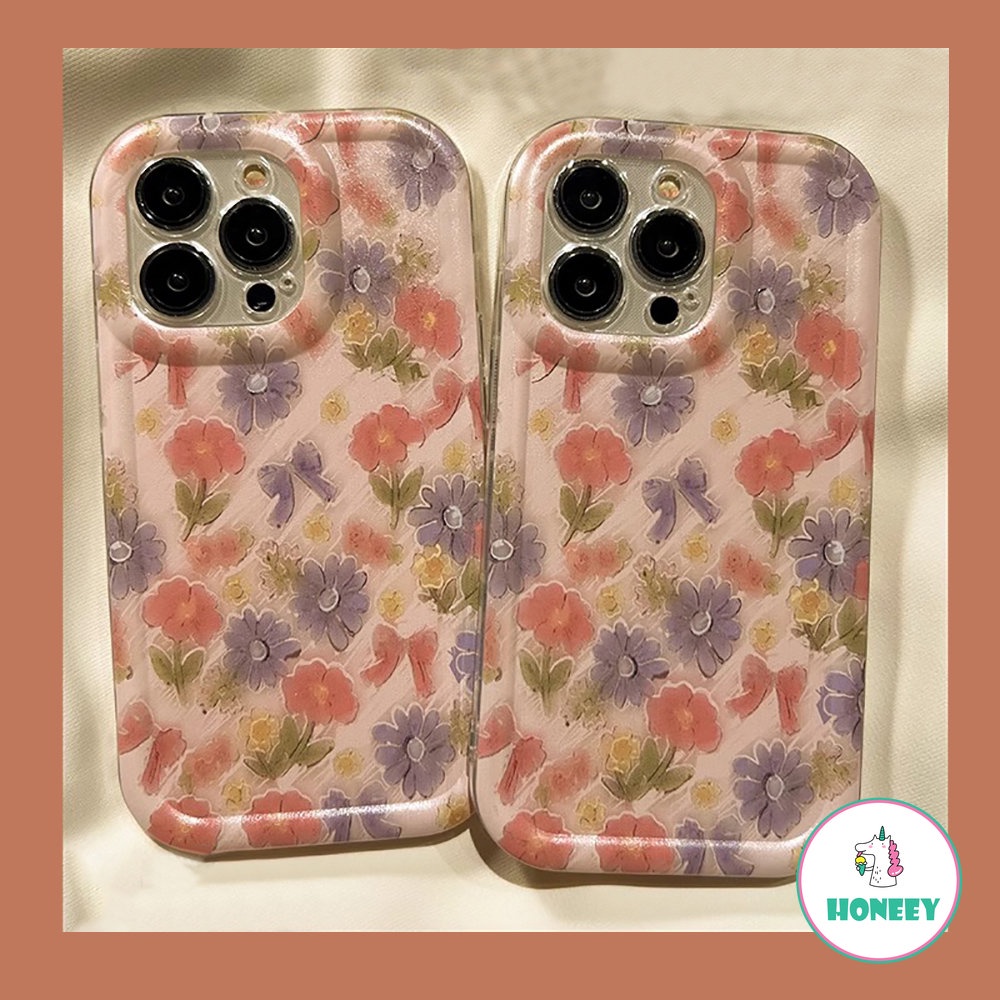 IPHONE French Pink Floral Sweet Flowers Casing Ponsel Untuk Iphone14 13 11 12 Pro Max13 14 Pro Cute Tie Bow Silikon Lembut Shockproof Cover