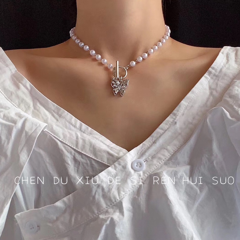 Ins Gaya Influencer Gaya Yang Sama Berlian Imitasi Mutiara Perak Kupu-Kupu choker Retro Baroque Klavikula Rantai Kalung Necklace