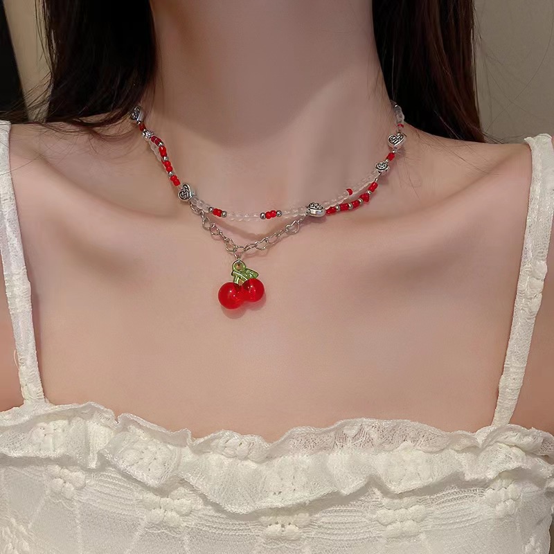 Musim Panas Manis Niche Manik-Manik Jantung Kalung Merah Cherry Liontin Kaca Kristal Manik-Manik Dua Lapis Rantai Klavikula