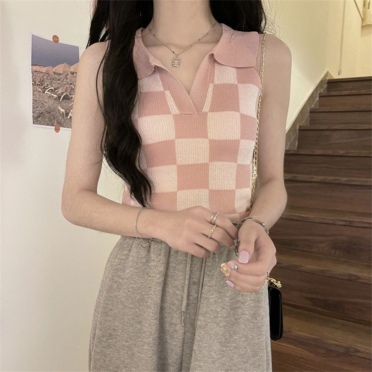 Premium Polo Rompi Rajut Wanita Kotak Kotak Sleveless Top