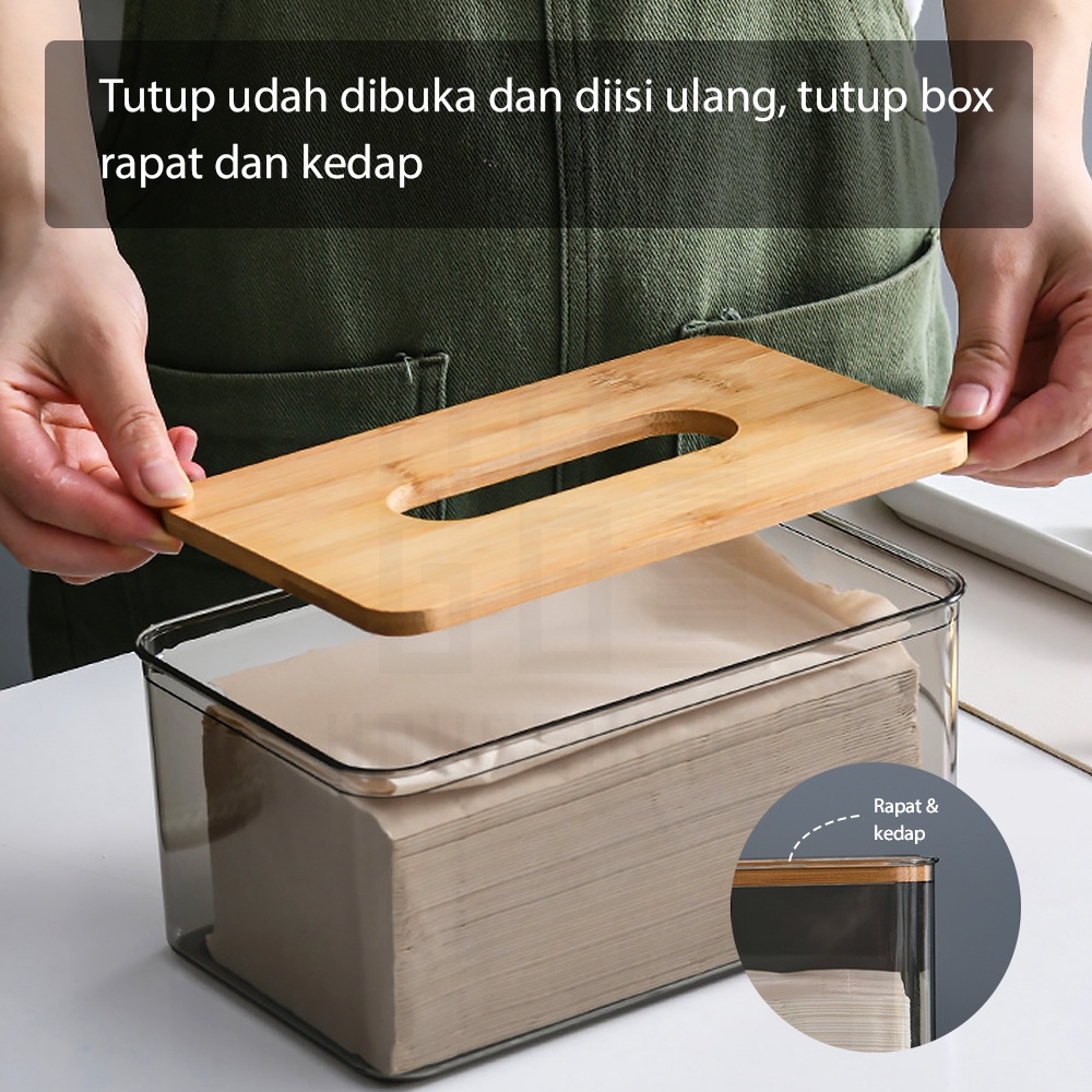 HUGO Tempat Penyimpanan Tissue Transparan Kotak Tisu Estetik Minimalis Tutup Kayu Premium Quality