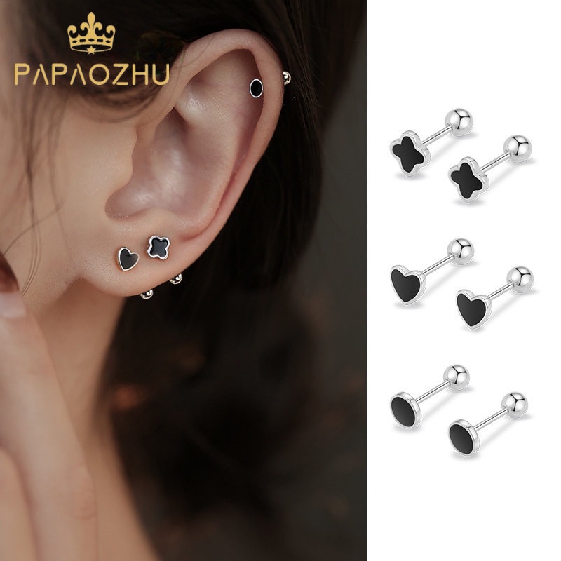 Papaozhu Chic s925 Perak Hitam Jantung Semanggi Tulang Rawan Anting Tindik Untuk Wanita Gadis Korea Geometris Sekrup Anting Fashion Telinga Perhiasan Hadiah