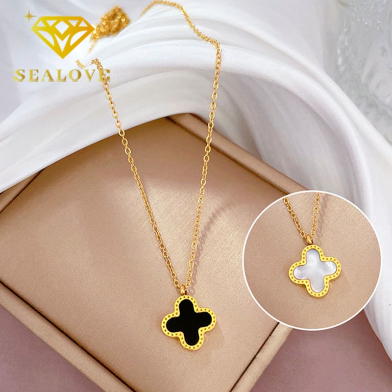 Kalung Titanium Bunga Clover Hitam Keberuntungan Emas 18K Anti Karat Aesthetic Korea Aksesoris Wanita Perhiasan Necklace