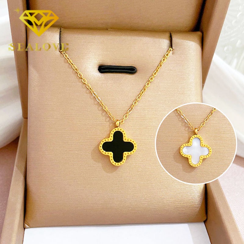 Kalung Titanium Bunga Clover Hitam Keberuntungan Emas 18K Anti Karat Aesthetic Korea Aksesoris Wanita Perhiasan Necklace