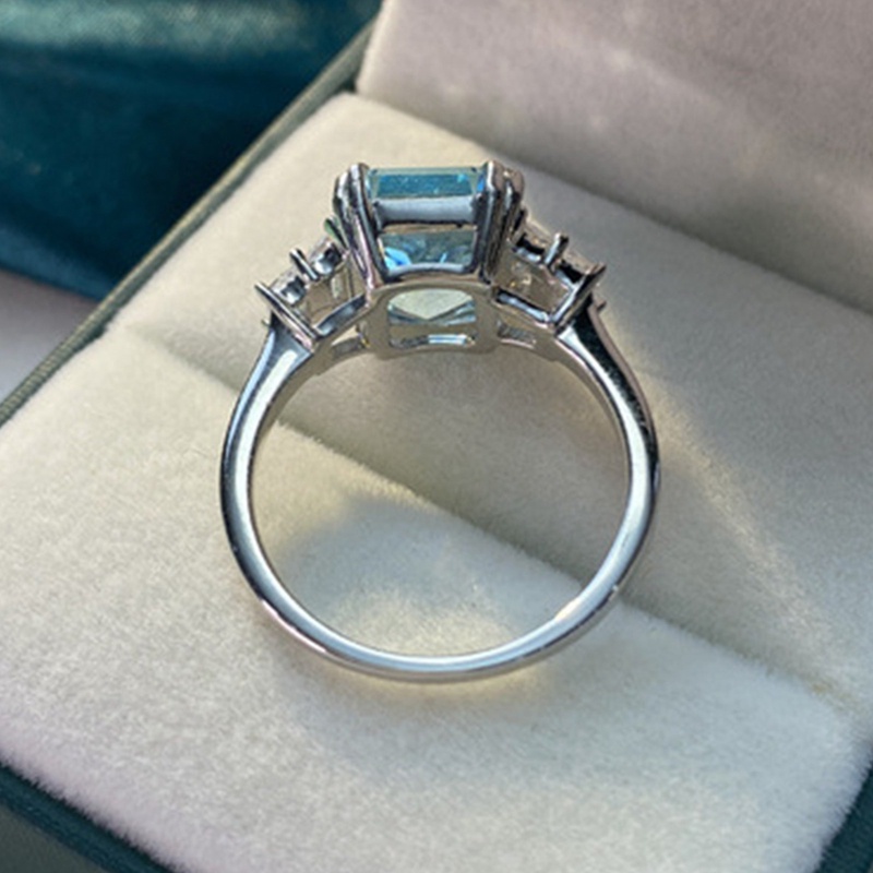 Trendy Aquamarine Warna Perak Cincin Untuk Wanita Kawin Tunangan Blue Sapphire Ring