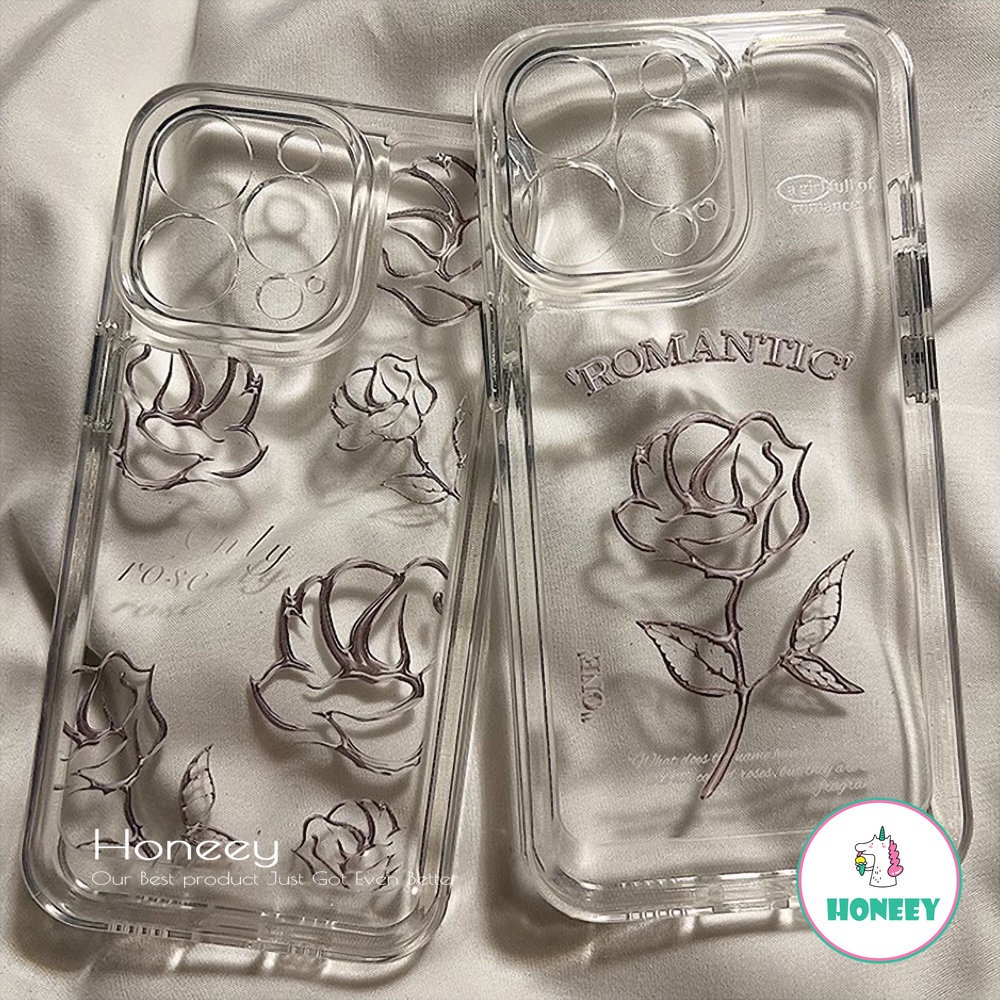 IPHONE Casing Ponsel Retro Transparan Bunga Rose Sweet Art Silver Simple Untuk Iphone14 13 11 12 Pro Max Xs XR 7 8 Plus Case Cute Cover