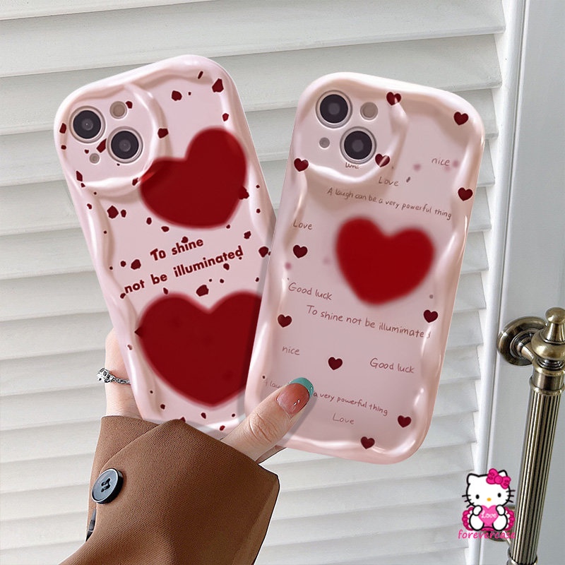 Simple English Shockproof Case Compatible For iPhone 7Plus 6 7 8 6s Plus 11 13 12 14 Pro Max XR XS X Max SE 2020 3D Wavy Curved Edge Red Love Heart Doodle Phone Soft Cover