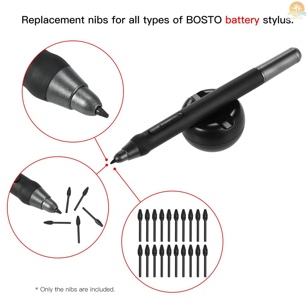 In Stock BOSTO 20pcs Replacement Nibs Pen Tips Compatible with All BOSTO Graphic Monitor Drawing  Battery Stylus Black