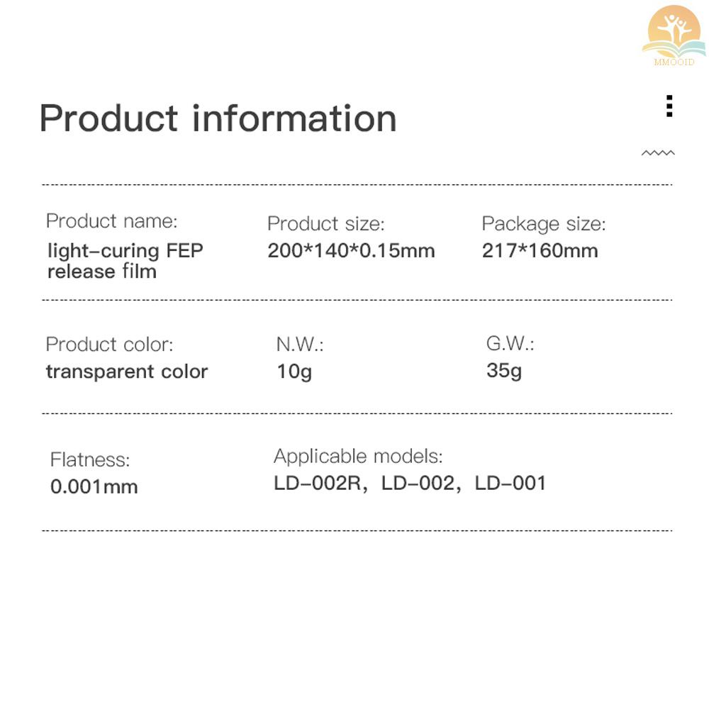 In Stock Profesional Cahaya-Curing FEP Release Film Sheet 200*140mm Transmisi Tinggi Tahan Panas Kompatibel Dengan LD-001/LD-002/LD-002R Photon SLA DLP Resin 3D Printer