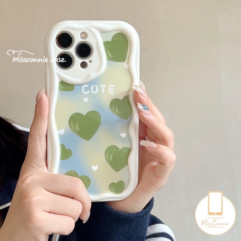 Cat Minyak Cute Green Love Heart Case Kompatibel Untuk IPhone 7Plus XR 11 13 14 12 Pro Max X8 6 7 6s Plus XS Max SE 2020 3D Wavy Curved Edge Bead Flower Hand Strap Gelang Cover