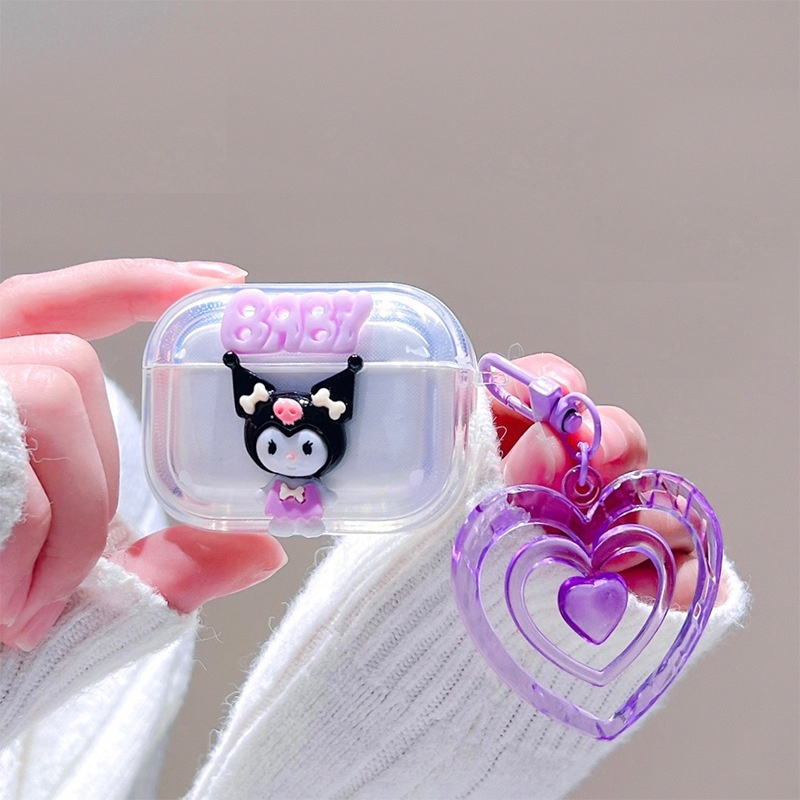 3d Lucu Kartun Kelinci Ajaib Transparan Bluetooth Earphone Case Cover Dengan Ungu Berongga Cinta Hati Pesona Liontin Untuk Airpods1 2 3 PRO PRO2